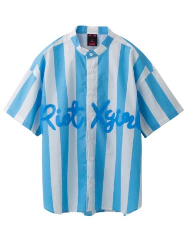 X-girl STRIPED S/S BAND COLLAR SHIRT